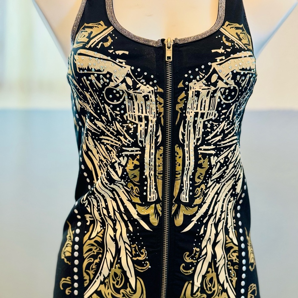 Black and Gold Graphic Zip-Up women’s Tank Top